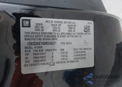 2013 GMC Yukon Xl 1500 Slt from USA, damaged, VIN 1GKS2KE74DR343971